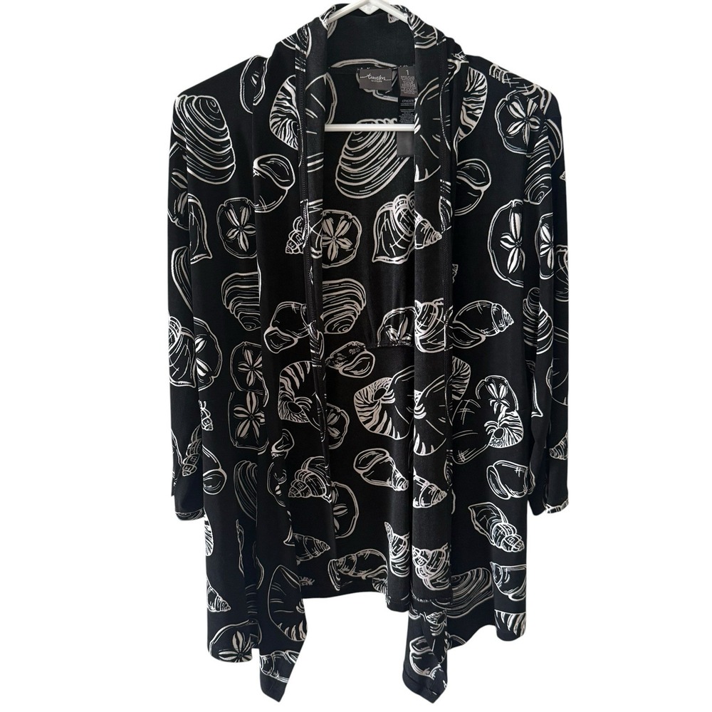 CHICO'S Travelers Open Front SEASHELLS Cardigan w/Asymmetric Hem Size 1 Stretch